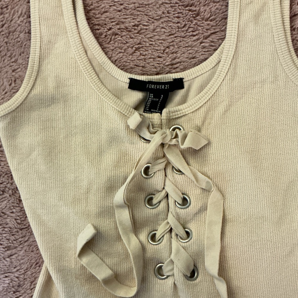 Forever 21 Cream Lace-Up Bodysuit